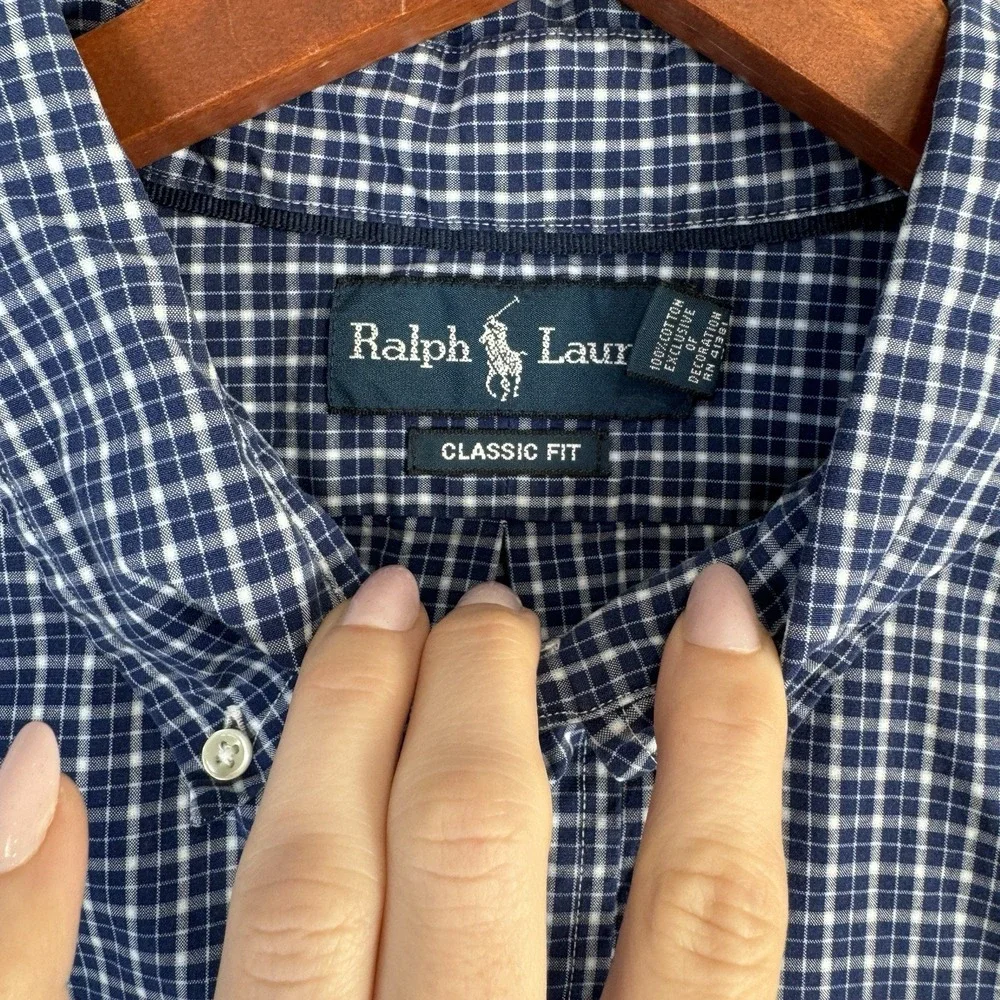 Ralph Lauren Classic Fit Button Down Shirt Blue Check Long Sleeve Cotton XXL VTG